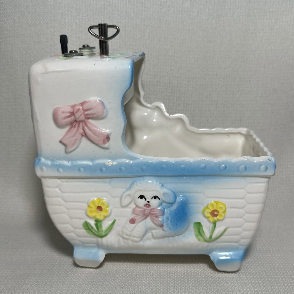 Vintage Ceramic Baby Nursery Bassinet Planter Music Box Rock a bye baby